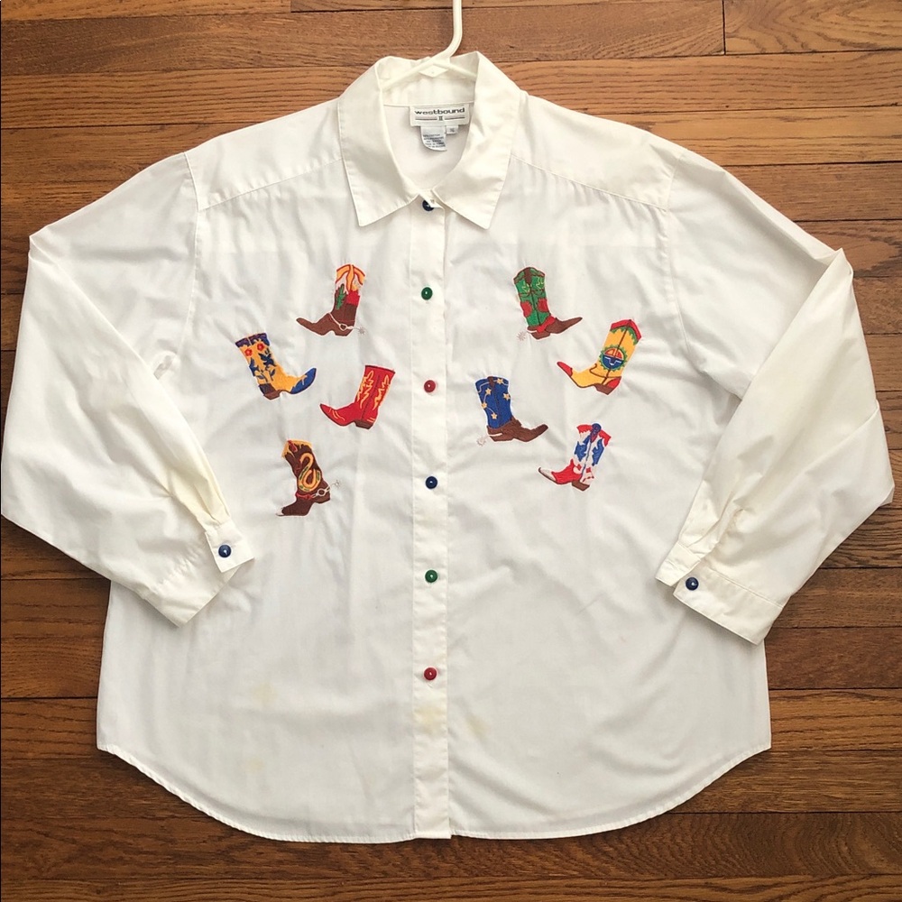 Westbound II Women’s Embroidered Cowboy Boot White Shirt Size 16 - Picture 4 of 12